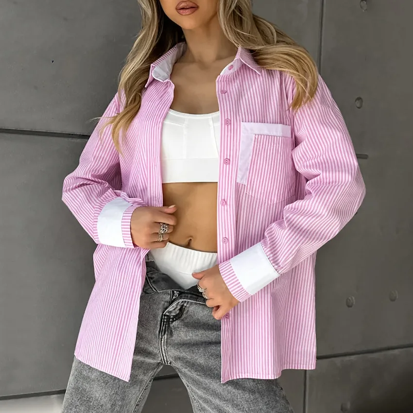 Полосатая осенняя женская блузка с отложным воротником, однобортная женская рубашка в стиле досуга, уличная одежда для женщин
Полосатая осенняя женская блузка с отложным воротником, однобортная женская рубашка в стиле досуга, уличная одежда для женщин