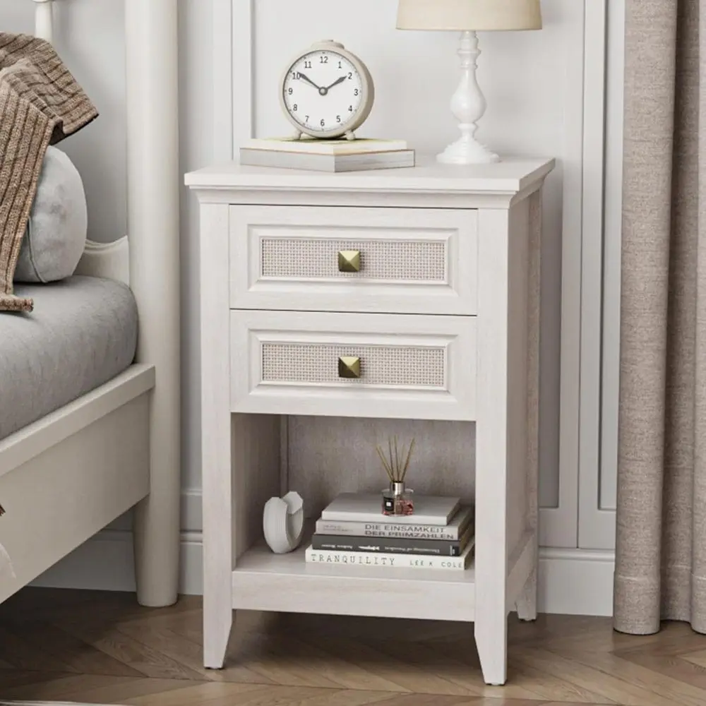 Grayish White Boho Style Nightstand with 2 Drawers and Open Storage Shelf for Bedroom or Office
Grayish White Boho Style Nightstand with 2 Drawers and Open Storage Shelf for Bedroom or Office