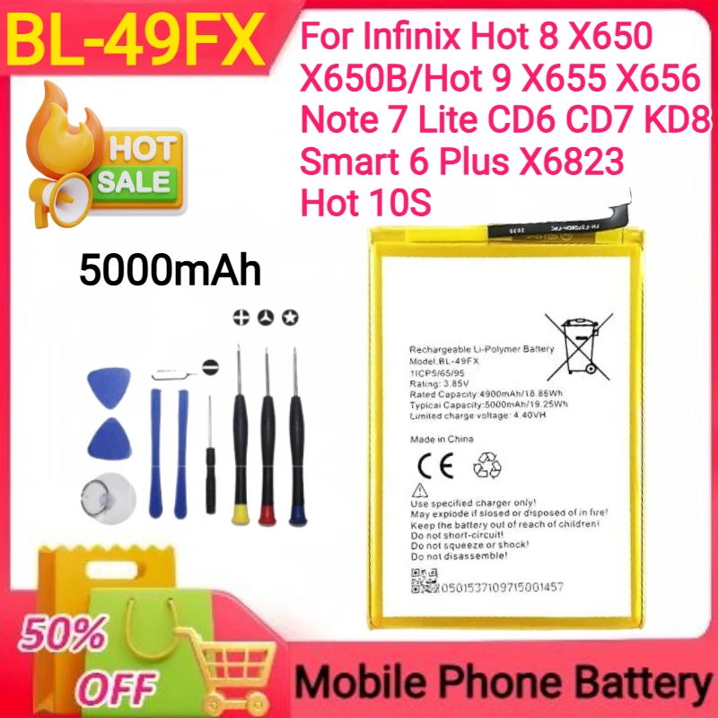 5000mAh BL-49FX for Infinix Hot 8 X650 X650B Hot 9 X655 X656 Note 7 Lite CD6 CD7 KD8 Smart 6 Plus X6823 Hot 10S Battery+tools
5000mAh BL-49FX for Infinix Hot 8 X650 X650B Hot 9 X655 X656 Note 7 Lite CD6 CD7 KD8 Smart 6 Plus X6823 Hot 10S Battery+tools