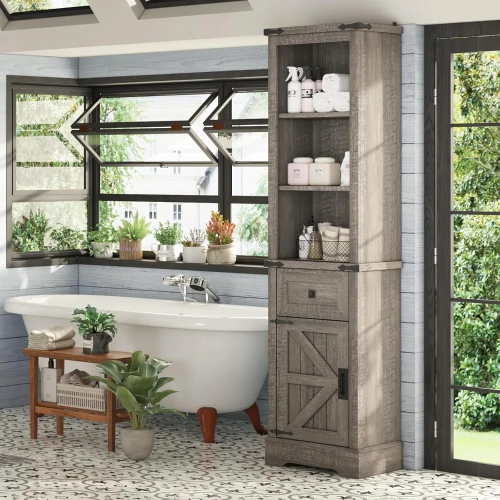 Tall Farmhouse Slim Cabinet, 68" H with Door & 5 Adjustable Shelves & Drawers, Toilet & Kitchen Storage, Gray
Tall Farmhouse Slim Cabinet, 68" H with Door & 5 Adjustable Shelves & Drawers, Toilet & Kitchen Storage, Gray