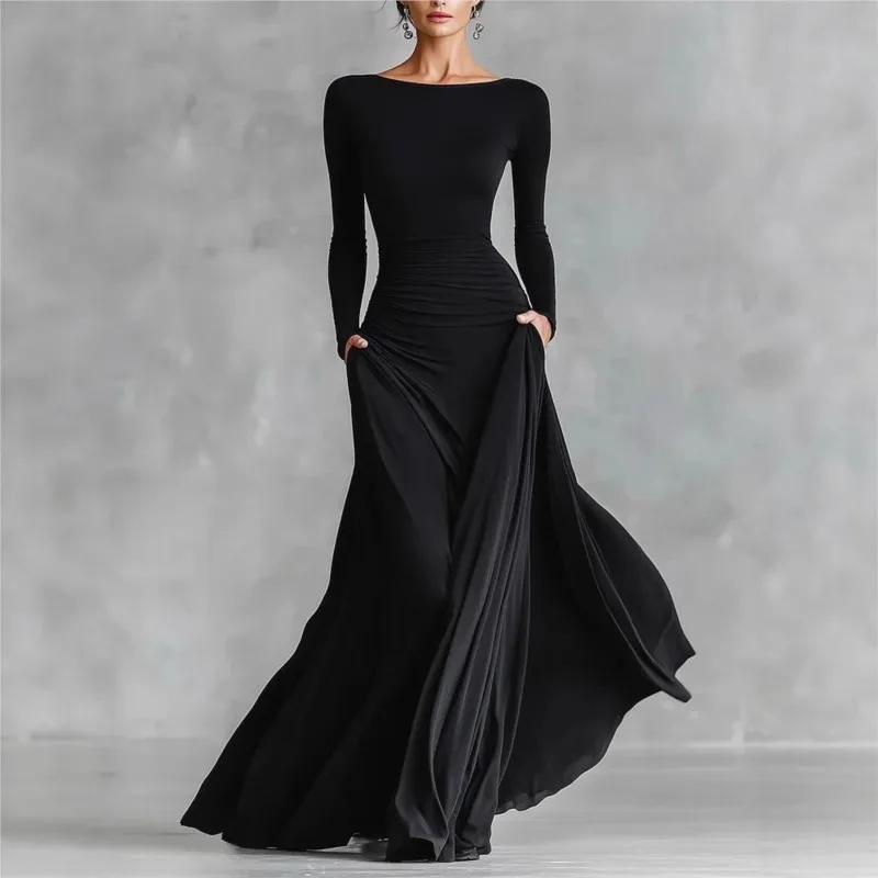 Elegant Black Boat Neck Long Sleeve Flowy Maxi Dress - Formal Evening Gown for Wedding Party Prom & Special Occasions
Elegant Black Boat Neck Long Sleeve Flowy Maxi Dress - Formal Evening Gown for Wedding Party Prom & Special Occasions