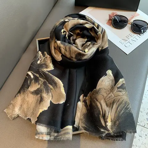 Winter Floral Ink Painting Scarf Petal Fringe Viscose Soft Cotton Shawls 180x90cm for Women Travel Casual Muslim Hijab