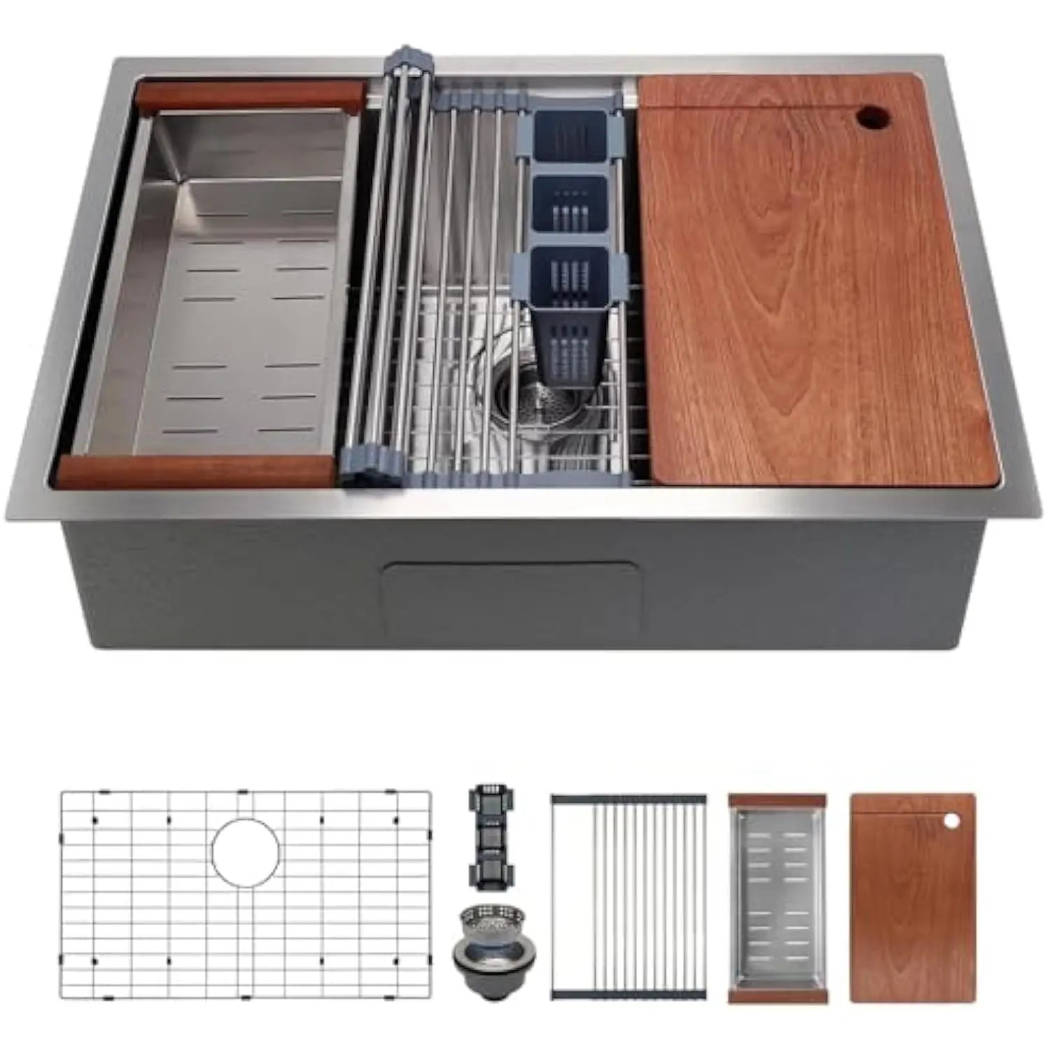 32in Undermount Workstations Kitchen Sinks - 11 Gauge Stainless Steel Sink 10Inch Deep Worktation Sink with Cutting Board and a
32in Undermount Workstations Kitchen Sinks - 11 Gauge Stainless Steel Sink 10Inch Deep Worktation Sink with Cutting Board and a
