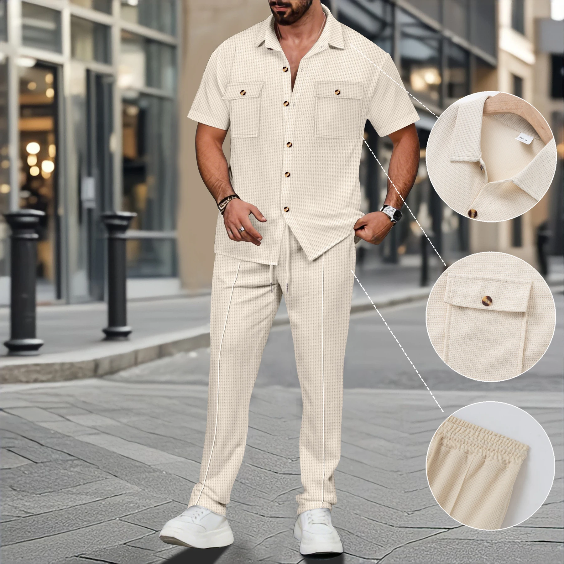 Men's Summer 2025 Solid Color Button-Up Pocket Shirt Short-Sleeved with Trouser Two-Piece Set for Daily Wear
Men's Summer 2025 Solid Color Button-Up Pocket Shirt Short-Sleeved with Trouser Two-Piece Set for Daily Wear