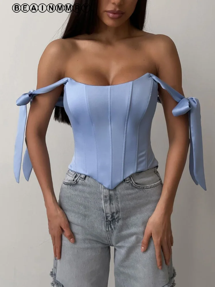 Solid Slash Neck Cropped Tops Women Fashion Back Lace Up Girdling Strapless Vest 2025 New Lady High Street Blue Bow Tie T-shirt
Solid Slash Neck Cropped Tops Women Fashion Back Lace Up Girdling Strapless Vest 2025 New Lady High Street Blue Bow Tie T-shirt