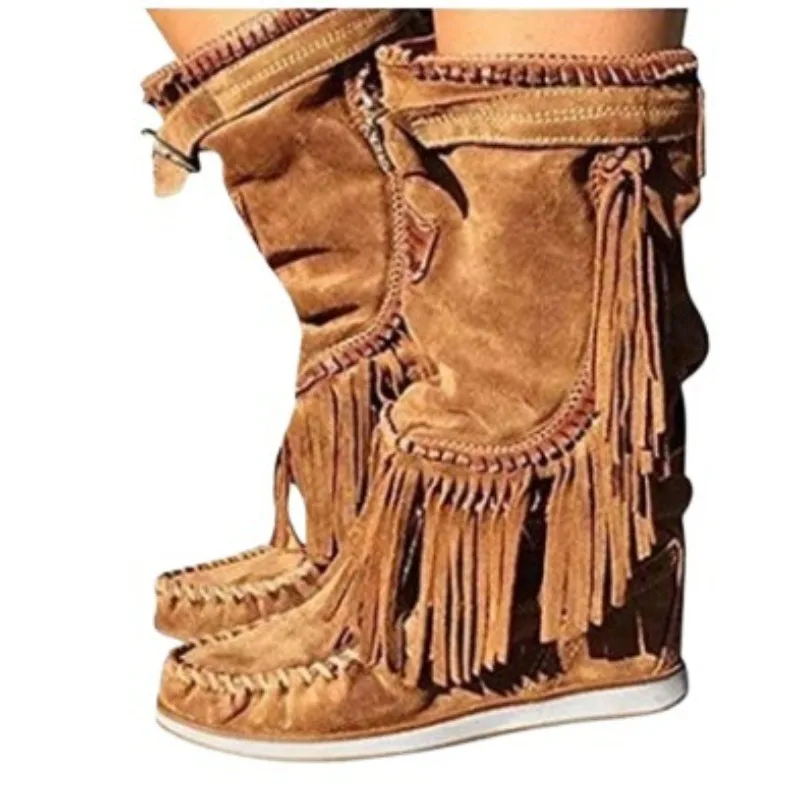 Retro Brown Pleated Tassel Mid-calf Boots Womens Sewing Flat Heel Belt Buckle Boots Round Toe Flock Casual Women Shoes Plus Size
Retro Brown Pleated Tassel Mid-calf Boots Womens Sewing Flat Heel Belt Buckle Boots Round Toe Flock Casual Women Shoes Plus Size