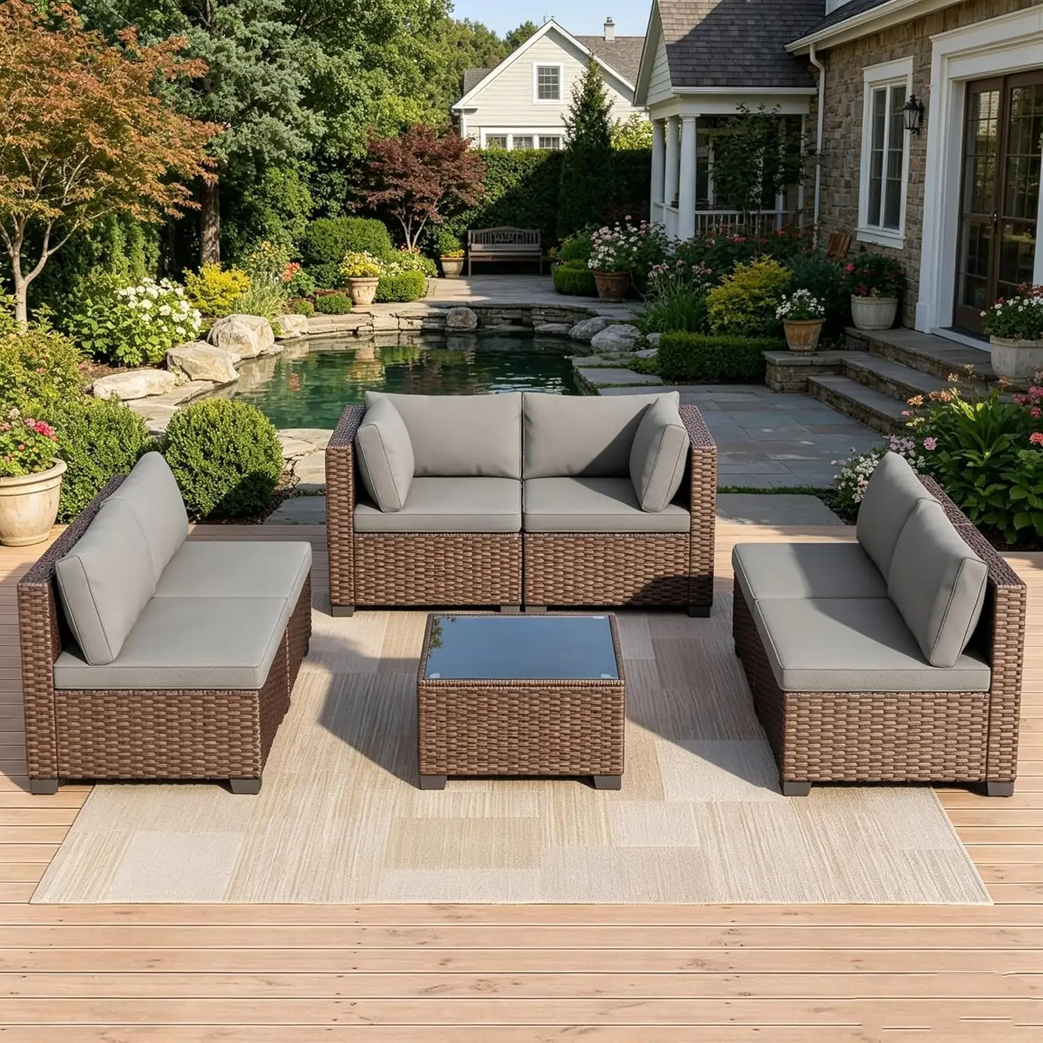 7 Piece All-Weather PE Rattan Sectional Sofa Set with Glass Table & Washable Grey Cushions for Backyard Patio, Custom
7 Piece All-Weather PE Rattan Sectional Sofa Set with Glass Table & Washable Grey Cushions for Backyard Patio, Custom