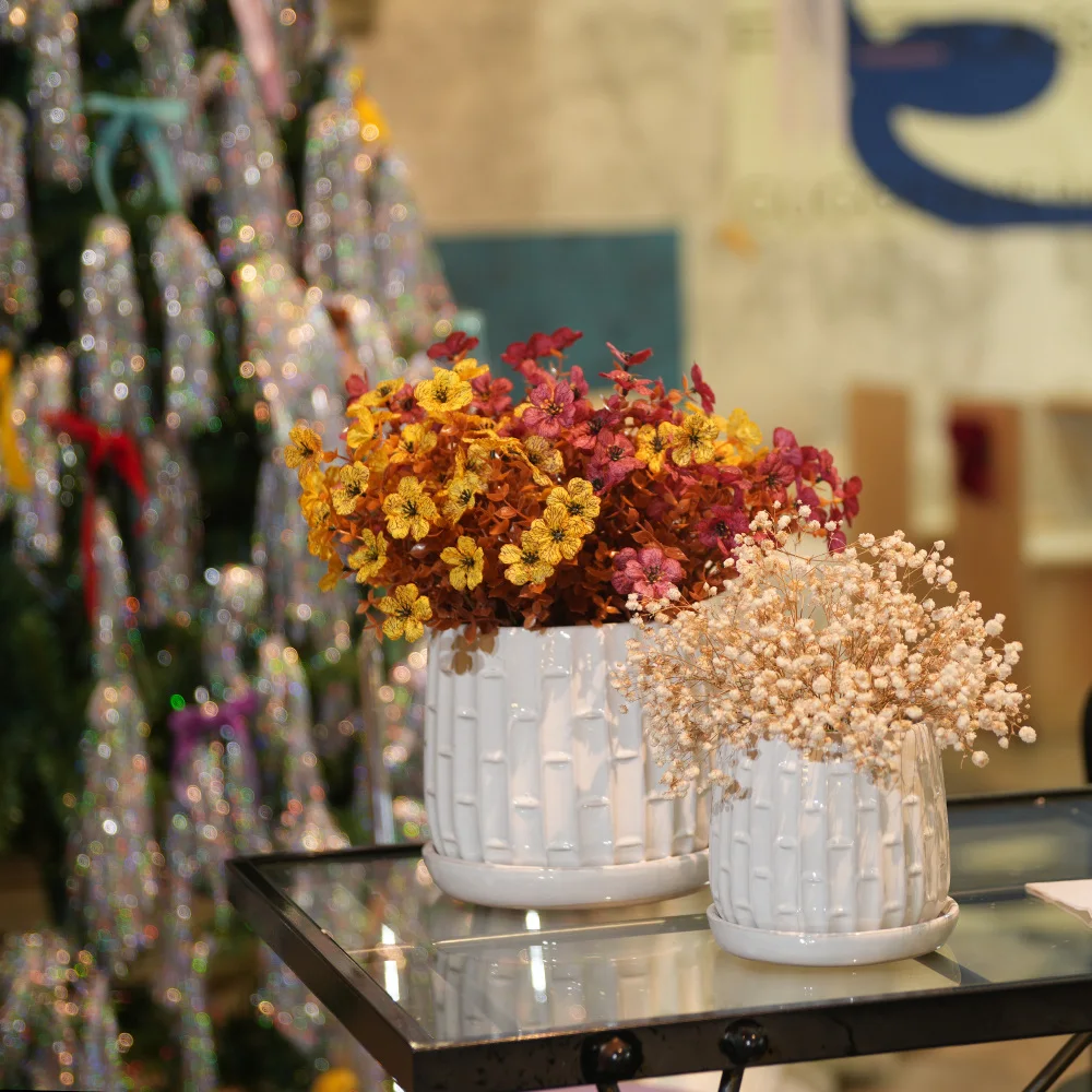 Handmade White Glazed Ceramic Planter Set of 2,6" & 8" Diameter, Bamboo-like Pattern,for Orchids Indoor/Outdoor Shelf &Table Use
Handmade White Glazed Ceramic Planter Set of 2,6" & 8" Diameter, Bamboo-like Pattern,for Orchids Indoor/Outdoor Shelf &Table Use