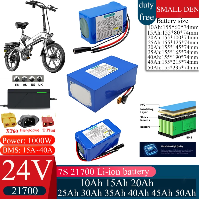 24V 10Ah 15Ah 20Ah 25Ah 30Ah 35Ah 40Ah 45Ah 50A 21700 lithium battery pack 1000W with BMS for power tools scooters wheelchairs
24V 10Ah 15Ah 20Ah 25Ah 30Ah 35Ah 40Ah 45Ah 50A 21700 lithium battery pack 1000W with BMS for power tools scooters wheelchairs