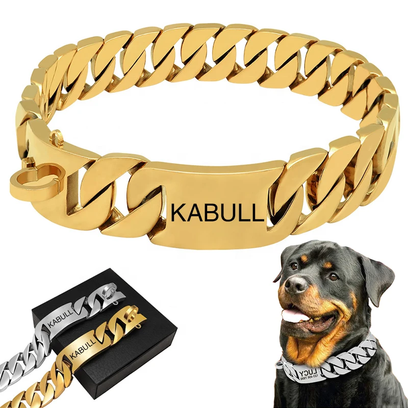 Personalized Name Gold Dog Chain Collar 32mm Wide Stainless Steel Chew Proof Training Pet Chains Collars for Large Dogs
Personalized Name Gold Dog Chain Collar 32mm Wide Stainless Steel Chew Proof Training Pet Chains Collars for Large Dogs