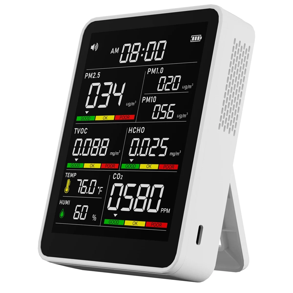 Многофункциональный тестер качества воздуха для PM2,5/PM10/CO2, формальдегида с дисплеем влажности, температуры, TVOC и времени
Многофункциональный тестер качества воздуха для PM2,5/PM10/CO2, формальдегида с дисплеем влажности, температуры, TVOC и времени