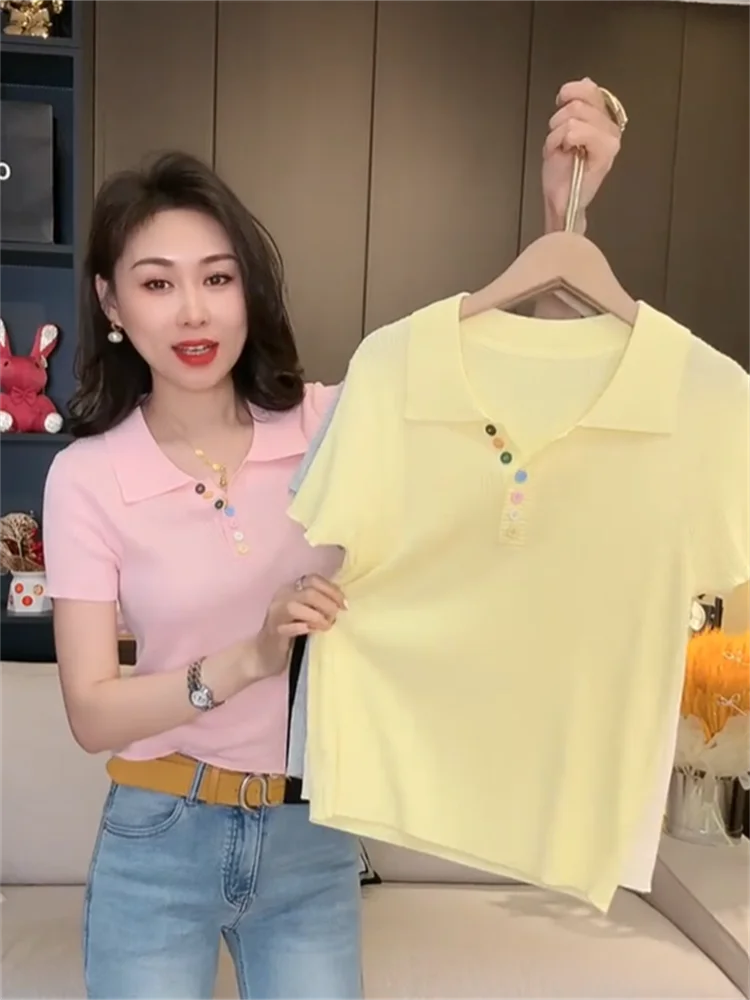 Summer New Women's Collar Short Sleeve T-Shirt Button Design Versatile Knitted Shirt Korean Style Slim Fit
Summer New Women's Collar Short Sleeve T-Shirt Button Design Versatile Knitted Shirt Korean Style Slim Fit