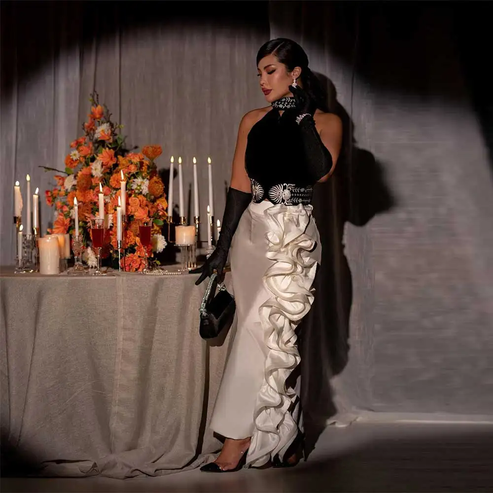 Spliced Satin Prom Gown High Neck Ruffled Crystal Applique Hollow Romantic Women's Sexy Ankle-Length Party Evening Dress
Spliced Satin Prom Gown High Neck Ruffled Crystal Applique Hollow Romantic Women's Sexy Ankle-Length Party Evening Dress