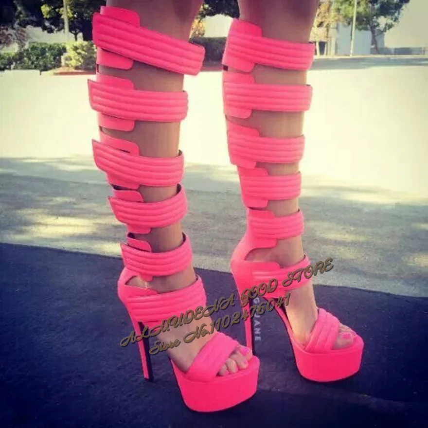ALMUDENA Hot Pink Matte Wide Strappy Long Sandals Sky High Heel Platform Knee Boots Women Hollow Out Caged Dress Shoes
ALMUDENA Hot Pink Matte Wide Strappy Long Sandals Sky High Heel Platform Knee Boots Women Hollow Out Caged Dress Shoes