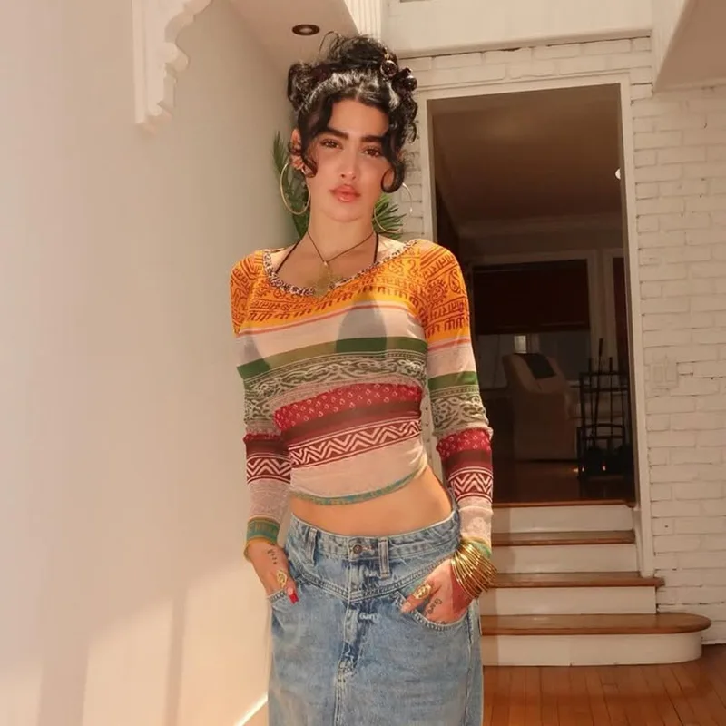 Colorful Print Stripe Mesh Crop Tops Women 2025 Spring Full Sleeve O-Neck Skinny Stretch T-Shirts Vacation Casual Streetwear
Colorful Print Stripe Mesh Crop Tops Women 2025 Spring Full Sleeve O-Neck Skinny Stretch T-Shirts Vacation Casual Streetwear