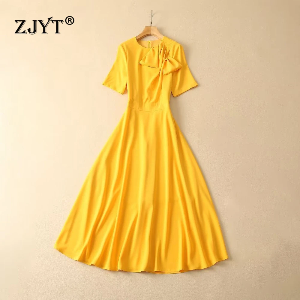 ZJYT Designer Summer Dress for Women Fashion Short Sleeve Bow Midi Party Dress Yellow Casual Aline Vestidos Holiday Robe Femme
ZJYT Designer Summer Dress for Women Fashion Short Sleeve Bow Midi Party Dress Yellow Casual Aline Vestidos Holiday Robe Femme