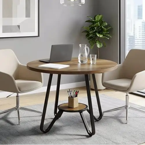 31.5" Small Round Conference Table for 2-4, Industrial Wooden Office Table with Wood Top & Black Metal Frame, Compact
31.5" Small Round Conference Table for 2-4, Industrial Wooden Office Table with Wood Top & Black Metal Frame, Compact