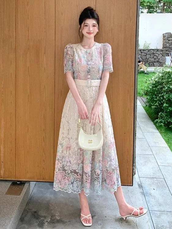 Elegant Lace Dress Women's Summer Slimming Waist Design Bubble Sleeve Dress with Beaded Waist Belt Commute Style Short Sleeve...
Elegant Lace Dress Women's Summer Slimming Waist Design Bubble Sleeve Dress with Beaded Waist Belt Commute Style Short Sleeve...