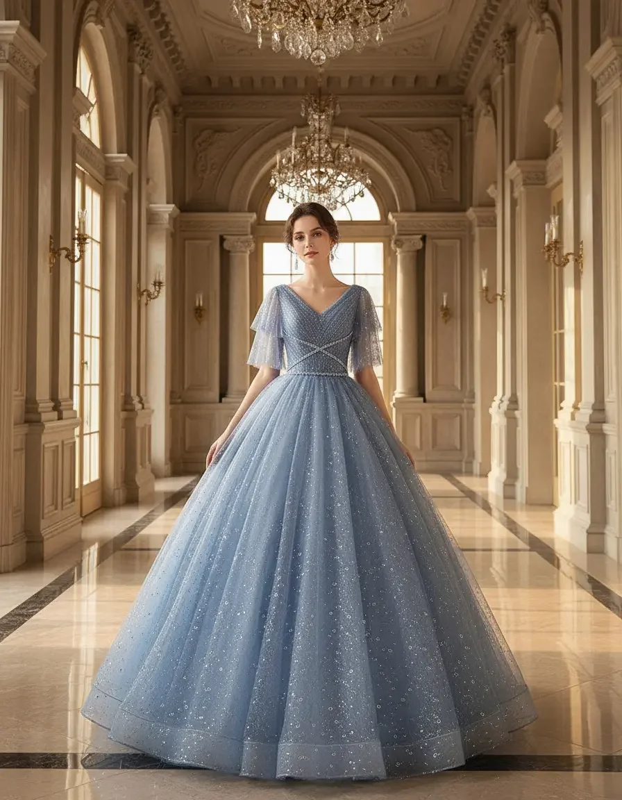 Elegant Dusty Blue V Neck Tulle Ball Gown with Sparkly Sequins, Flared Sleeves & Lace Up Back for Quinceanera Wedding Party
Elegant Dusty Blue V Neck Tulle Ball Gown with Sparkly Sequins, Flared Sleeves & Lace Up Back for Quinceanera Wedding Party