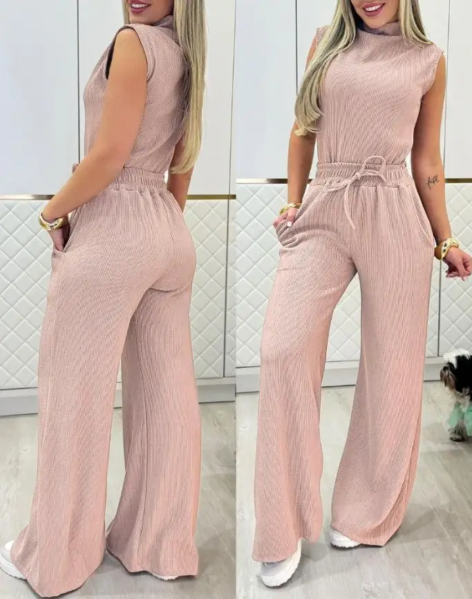 2025 New Fashion 2 Pieces Sets Womens Outfit High Neck Sleeveless Top and Casual Drawstring Strechy Waist with Pockets Pants Set
2025 New Fashion 2 Pieces Sets Womens Outfit High Neck Sleeveless Top and Casual Drawstring Strechy Waist with Pockets Pants Set