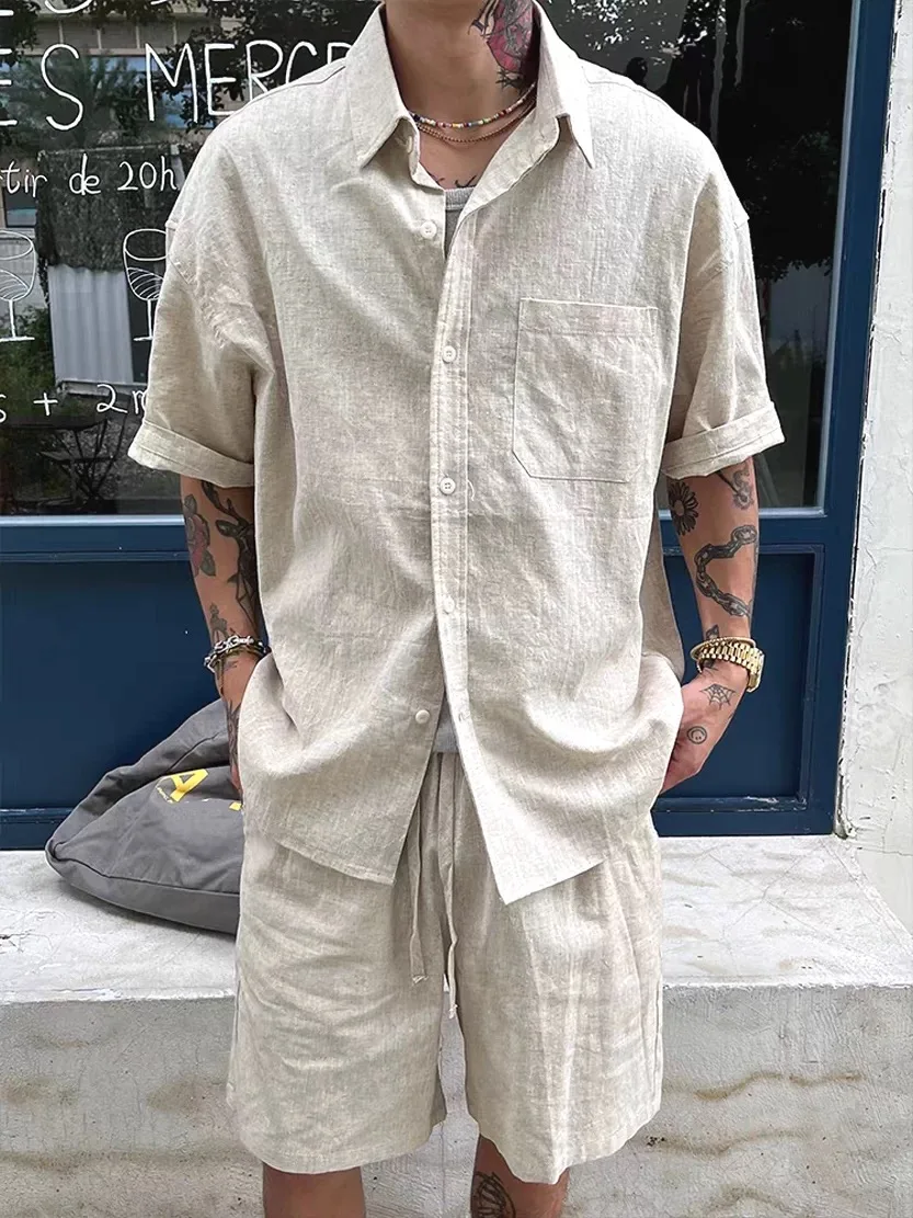 American Style Cotton Linen Short Sleeve Shirt Set Men Loose Casual Sports Five Shorts Linen Breathable Workwear Two Piece Set
American Style Cotton Linen Short Sleeve Shirt Set Men Loose Casual Sports Five Shorts Linen Breathable Workwear Two Piece Set