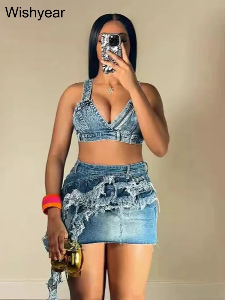 Sexy Sleeveless V Neck Crop Top and Mini Skirt Jean Two 2 Piece Women Sexy Ripped Tassel Stretch Denim Tight Nightclub Outfits
Sexy Sleeveless V Neck Crop Top and Mini Skirt Jean Two 2 Piece Women Sexy Ripped Tassel Stretch Denim Tight Nightclub Outfits