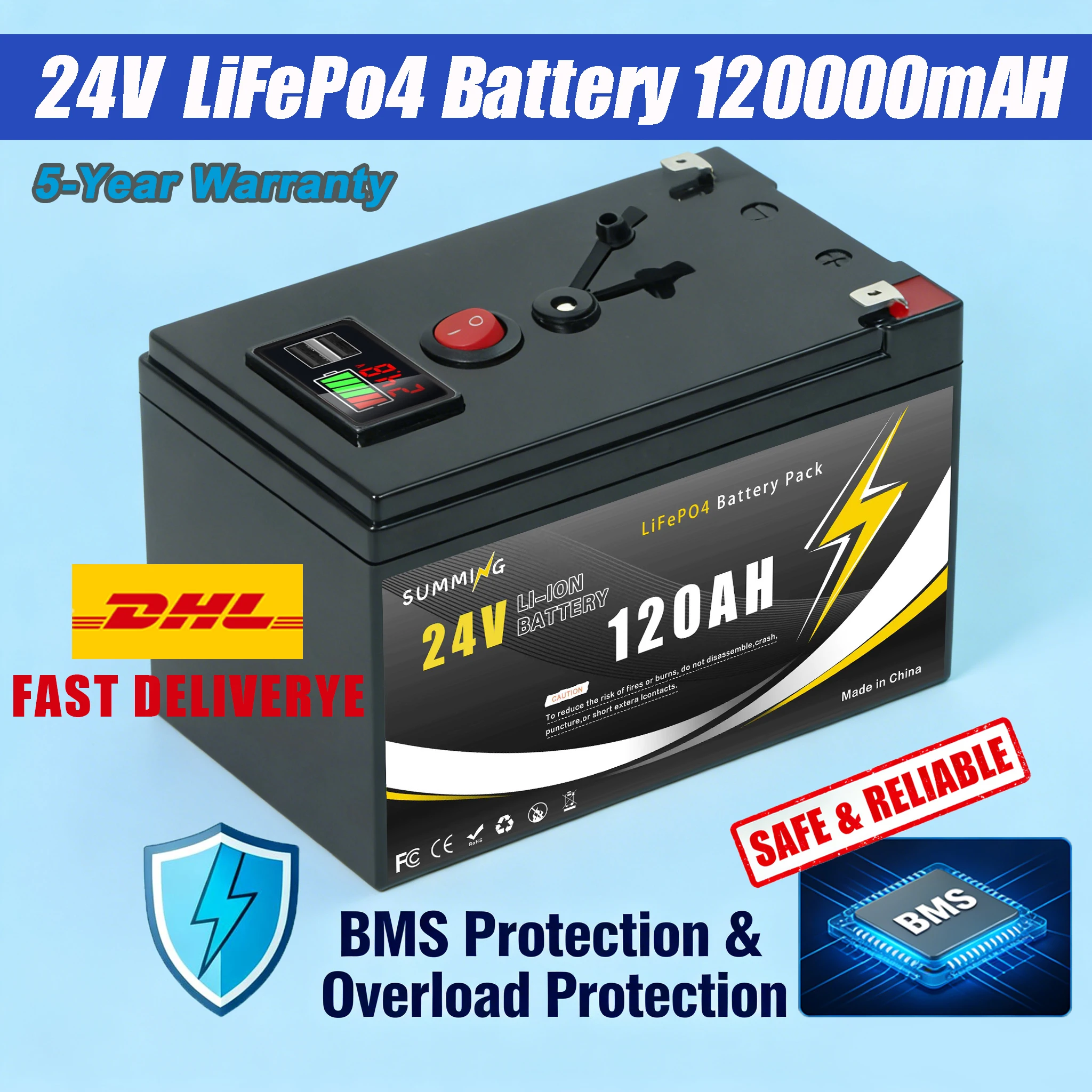 Lithium Battery 24V 120AH LiFePO4 Battery with Smart BMS-Idealfor Solar Power, RV, Marine&Off-Grid Home EnergyStorage
Lithium Battery 24V 120AH LiFePO4 Battery with Smart BMS-Idealfor Solar Power, RV, Marine&Off-Grid Home EnergyStorage