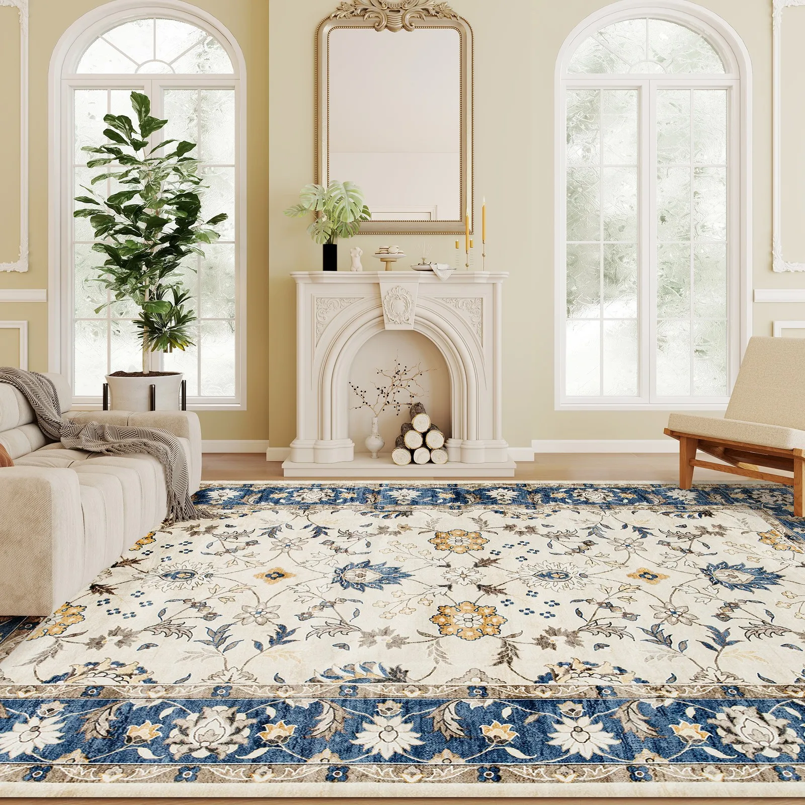 HOMCOM Machine Washable Area Rug 5x7, Boho Floral Print Carpet, Blue