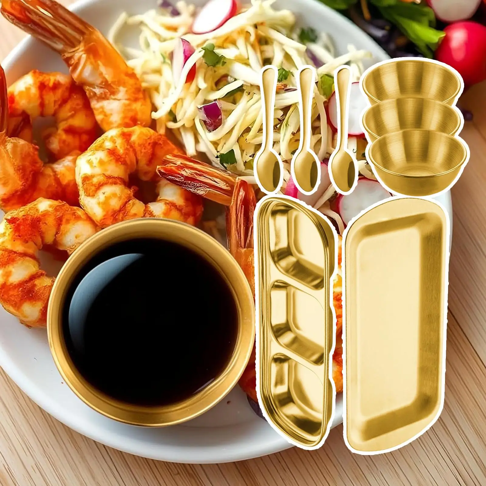 Sauce Dishes Stackable 3 Compartments Stainless Steel 8 Piece Dipping Plates With Bowls Spoons For Salt Sugar Ketchup Vinegar
Sauce Dishes Stackable 3 Compartments Stainless Steel 8 Piece Dipping Plates With Bowls Spoons For Salt Sugar Ketchup Vinegar