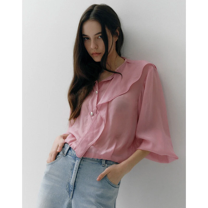 Romantic Caped ort Silk Elastic French Sle Women's irt with Ruffle Design Spring Season Pure Color Button Closure
Romantic Caped ort Silk Elastic French Sle Women's irt with Ruffle Design Spring Season Pure Color Button Closure