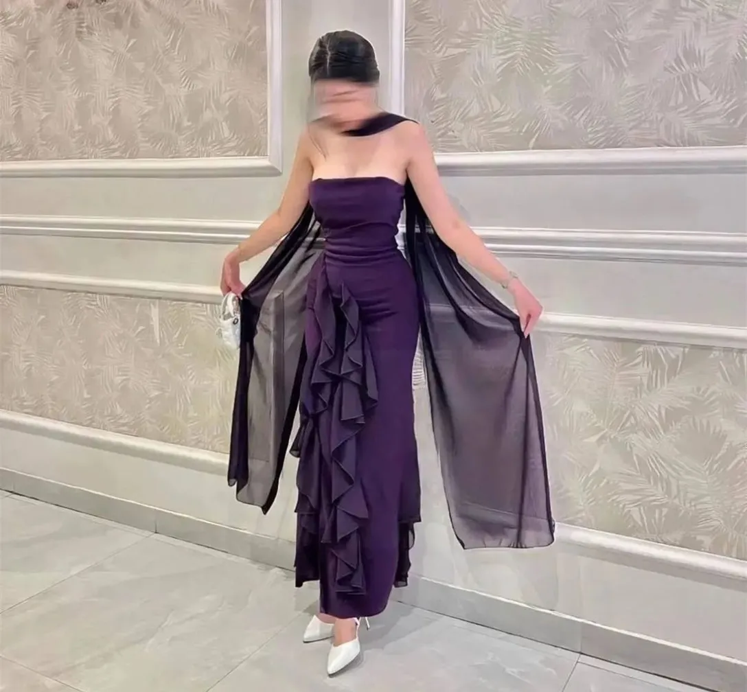 Elegant Short Purple Evening Dresses Ruffled Mermaid فساتين سهرة Strapless Ankle Length Prom Dress for Women
Elegant Short Purple Evening Dresses Ruffled Mermaid فساتين سهرة Strapless Ankle Length Prom Dress for Women