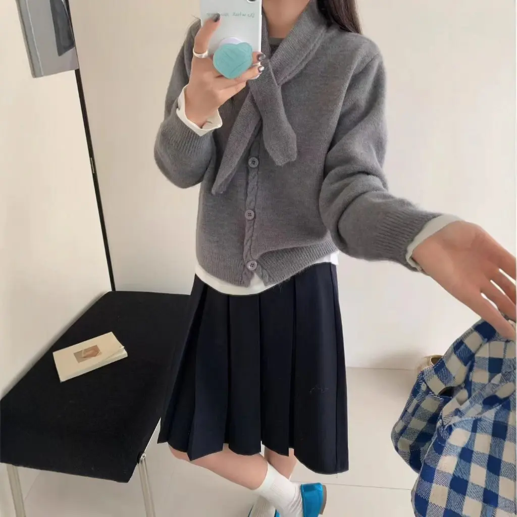 Women's Korean Pure Color Knitted Cardigan Set with Scarf Single-Breasted Elegant Casual Two-Piece Jacket Outfit 
Women's Korean Pure Color Knitted Cardigan Set with Scarf Single-Breasted Elegant Casual Two-Piece Jacket Outfit