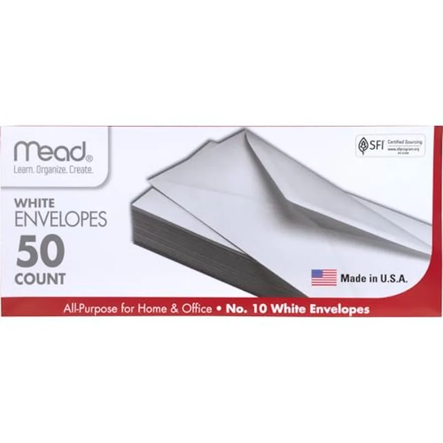 Letter-size envelopes for home and office mail use, white paper with gummed closure, 4-1/8 x 9-1/2, all-purpose, 50-count pack
Letter-size envelopes for home and office mail use, white paper with gummed closure, 4-1/8 x 9-1/2, all-purpose, 50-count pack