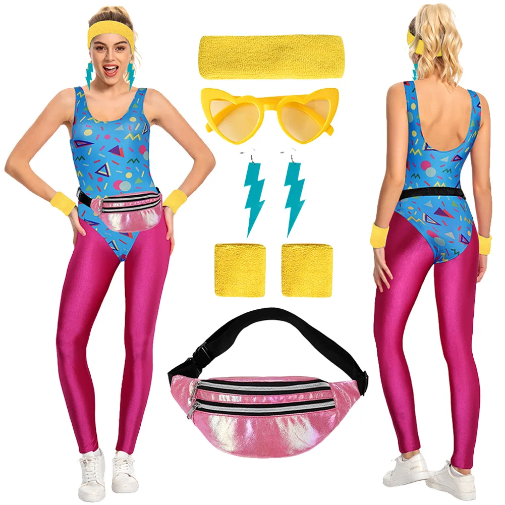 80s Retro Women Jumpsuit Vintage Cosplay Tracksuit Yoga Costume Headband Leggings Fanny Pack Set Clothing Women Halloween Suit
80s Retro Women Jumpsuit Vintage Cosplay Tracksuit Yoga Costume Headband Leggings Fanny Pack Set Clothing Women Halloween Suit
