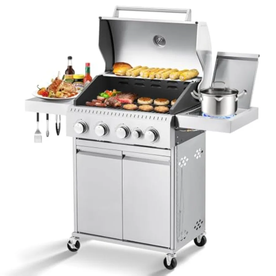 4 Burner BBQ Stainless Steel Propane Gas Grill with Cast Iron Grates Side Stove 44000 BTU for Patio Camping Outdoor Cooking in
4 Burner BBQ Stainless Steel Propane Gas Grill with Cast Iron Grates Side Stove 44000 BTU for Patio Camping Outdoor Cooking in