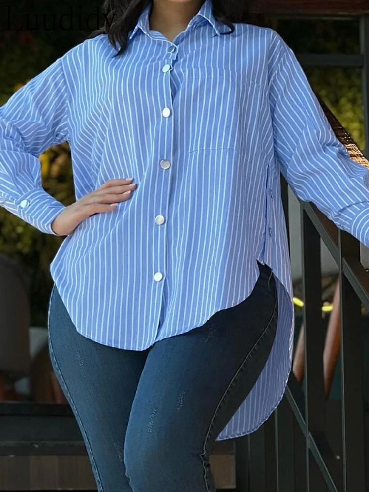 Полосатая блузка с отложным воротником и длинными рукавами, повседневные футболки на пуговицах, топ 
Полосатая блузка с отложным воротником и длинными рукавами, повседневные футболки на пуговицах, топ