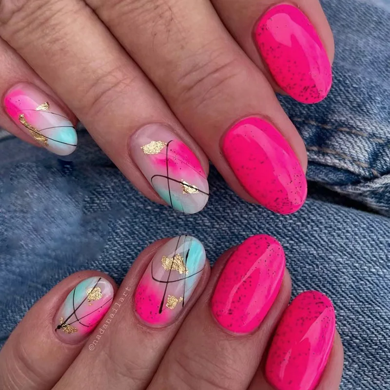 24pcs Dragon Fruit Press-On Nails - Abstract Swirls With Gold Leaf Medium Round Artistic Ombré Style
24pcs Dragon Fruit Press-On Nails - Abstract Swirls With Gold Leaf Medium Round Artistic Ombré Style