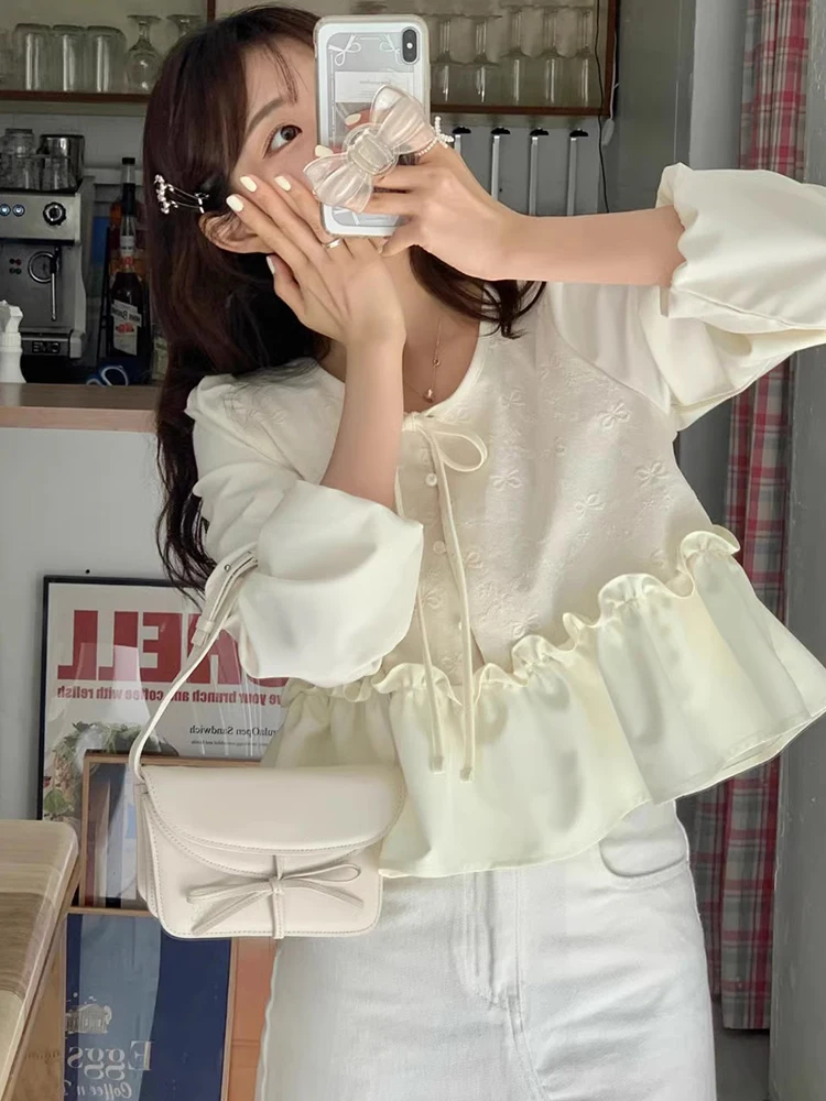 Chic Spring Sweet Personali round Ne Knot Print Loose Splice Lace Belt Long Sve Women's irt Korean Sle
Chic Spring Sweet Personali round Ne Knot Print Loose Splice Lace Belt Long Sve Women's irt Korean Sle