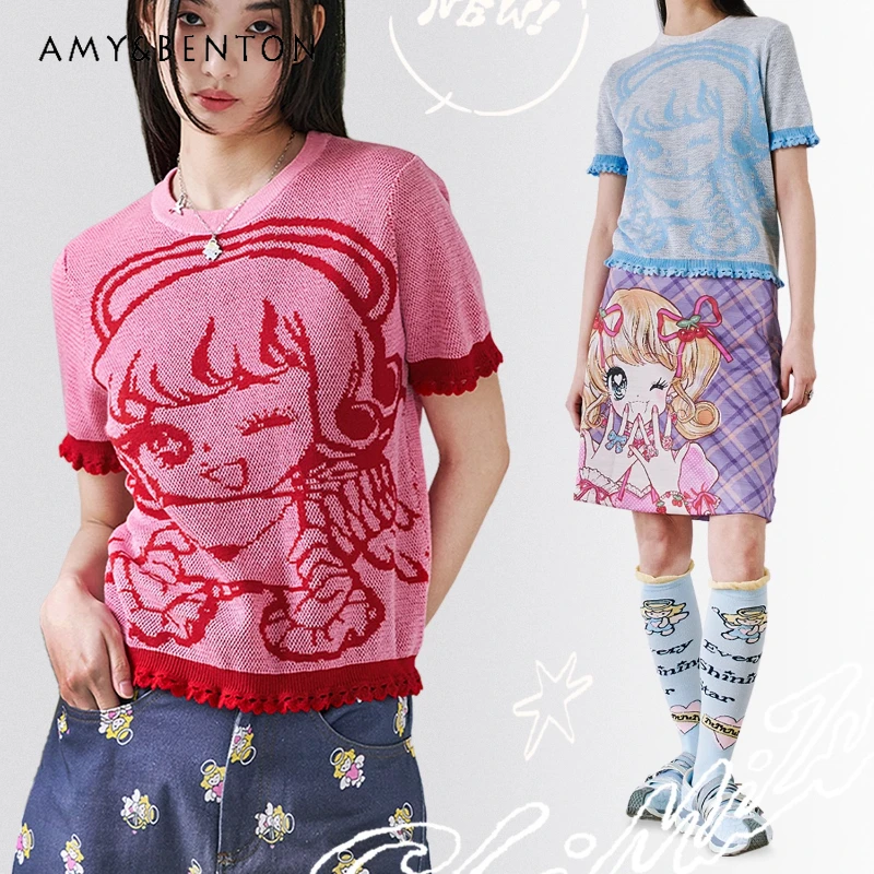 2025 Autumn New Cartoon Anime Print Short Sleeve Knitted Women's T-Shirt Retro Design Cute Sweet Loose Versatile T-Shirts Ladies 
2025 Autumn New Cartoon Anime Print Short Sleeve Knitted Women's T-Shirt Retro Design Cute Sweet Loose Versatile T-Shirts Ladies