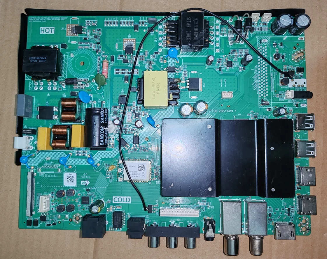 P150-2851AV9.7 Three in one 4K WIFI TV motherboard, physical photo, tested well for 124--135V 590MA 2+16G
P150-2851AV9.7 Three in one 4K WIFI TV motherboard, physical photo, tested well for 124--135V 590MA 2+16G