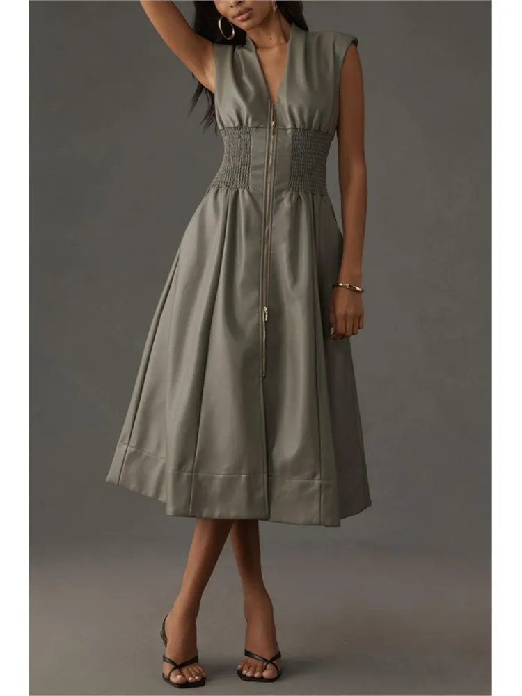 Retro Sleeveless Leather Zipper Dress Summer Women's Sexy V-neck Solid Color Waist Pocket Knee-length Dress Ropa Mujer Vestidos
Retro Sleeveless Leather Zipper Dress Summer Women's Sexy V-neck Solid Color Waist Pocket Knee-length Dress Ropa Mujer Vestidos
