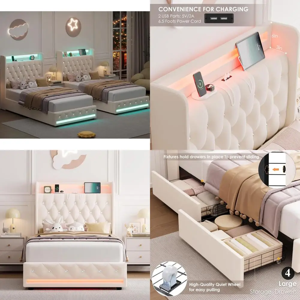 Twin Size Upholstered LED Bed with Charging Station, Storage Drawers, Velvet Wingback Headboard, Girls/Kids Platform Bed with St
Twin Size Upholstered LED Bed with Charging Station, Storage Drawers, Velvet Wingback Headboard, Girls/Kids Platform Bed with St