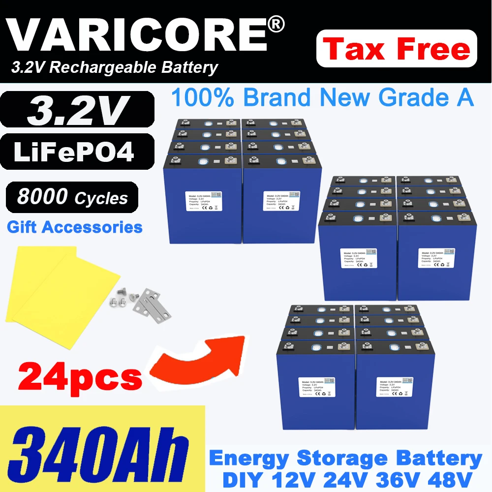 24pcs 3.2V 340Ah Lifepo4 Battery 8000Cycles Lithium Iron Phosphate DIY 12v 24v 36v Travel Solar Golf Cart Yacht Grade A Tax Free
24pcs 3.2V 340Ah Lifepo4 Battery 8000Cycles Lithium Iron Phosphate DIY 12v 24v 36v Travel Solar Golf Cart Yacht Grade A Tax Free