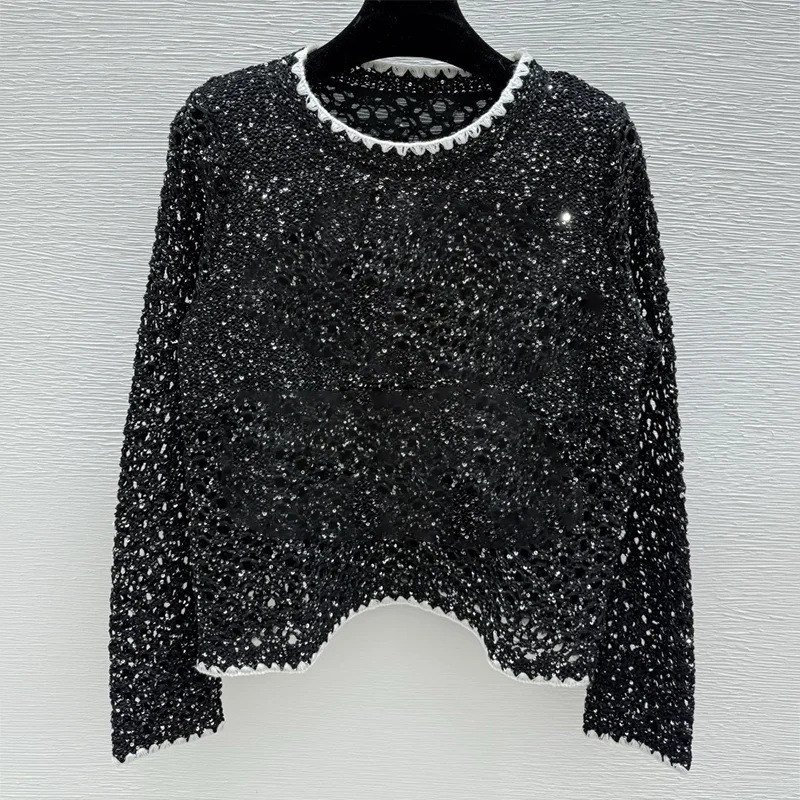High-quality black and white contrasting lace metal bow tie women's sweater with sequin decoration luxury pullover 25100462
High-quality black and white contrasting lace metal bow tie women's sweater with sequin decoration luxury pullover 25100462