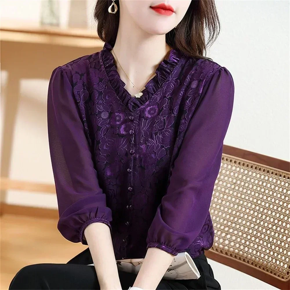 Женские весенние модные шифоновые рубашки с оборками, свободные топы с рукавами 3/4, французские фиолетовые винтажные кружевные блузки, офисные женские элегантные повседневные блузки 
Женские весенние модные шифоновые рубашки с оборками, свободные топы с рукавами 3/4, французские фиолетовые винтажные кружевные блузки, офисные женские элегантные повседневные блузки