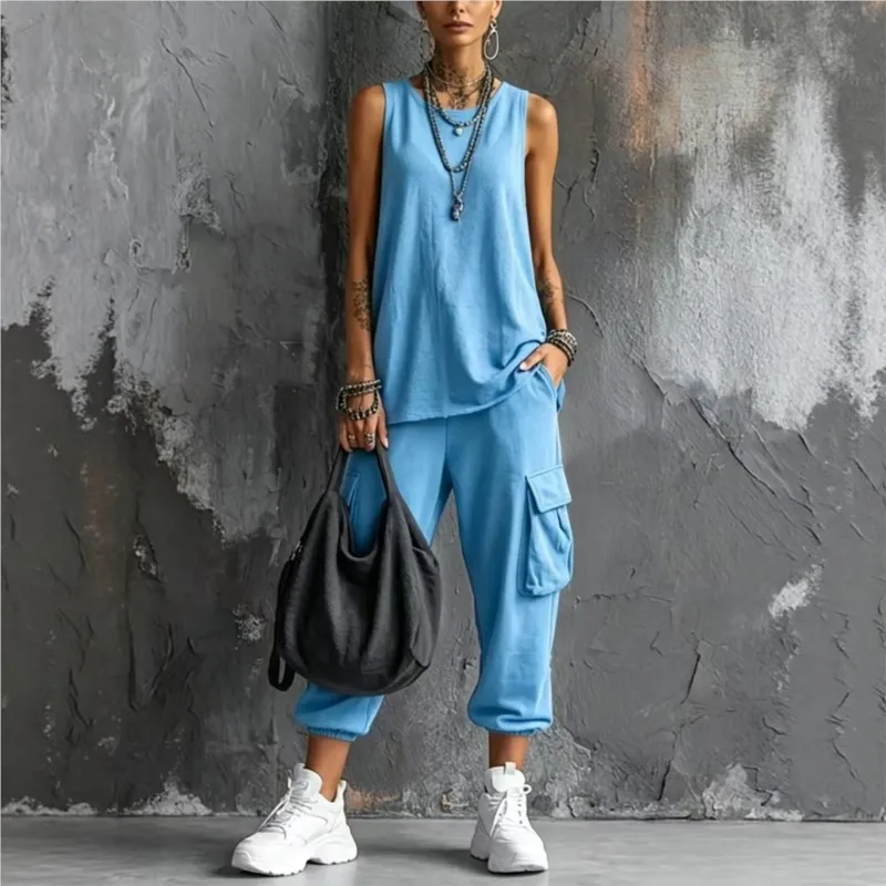Solid Color Sports Two-piece Set Summer Fashion Sleeveless Top+wide Leg Pants Suit With Pockets Ladies O-neck Streetwear Outfit
Solid Color Sports Two-piece Set Summer Fashion Sleeveless Top+wide Leg Pants Suit With Pockets Ladies O-neck Streetwear Outfit