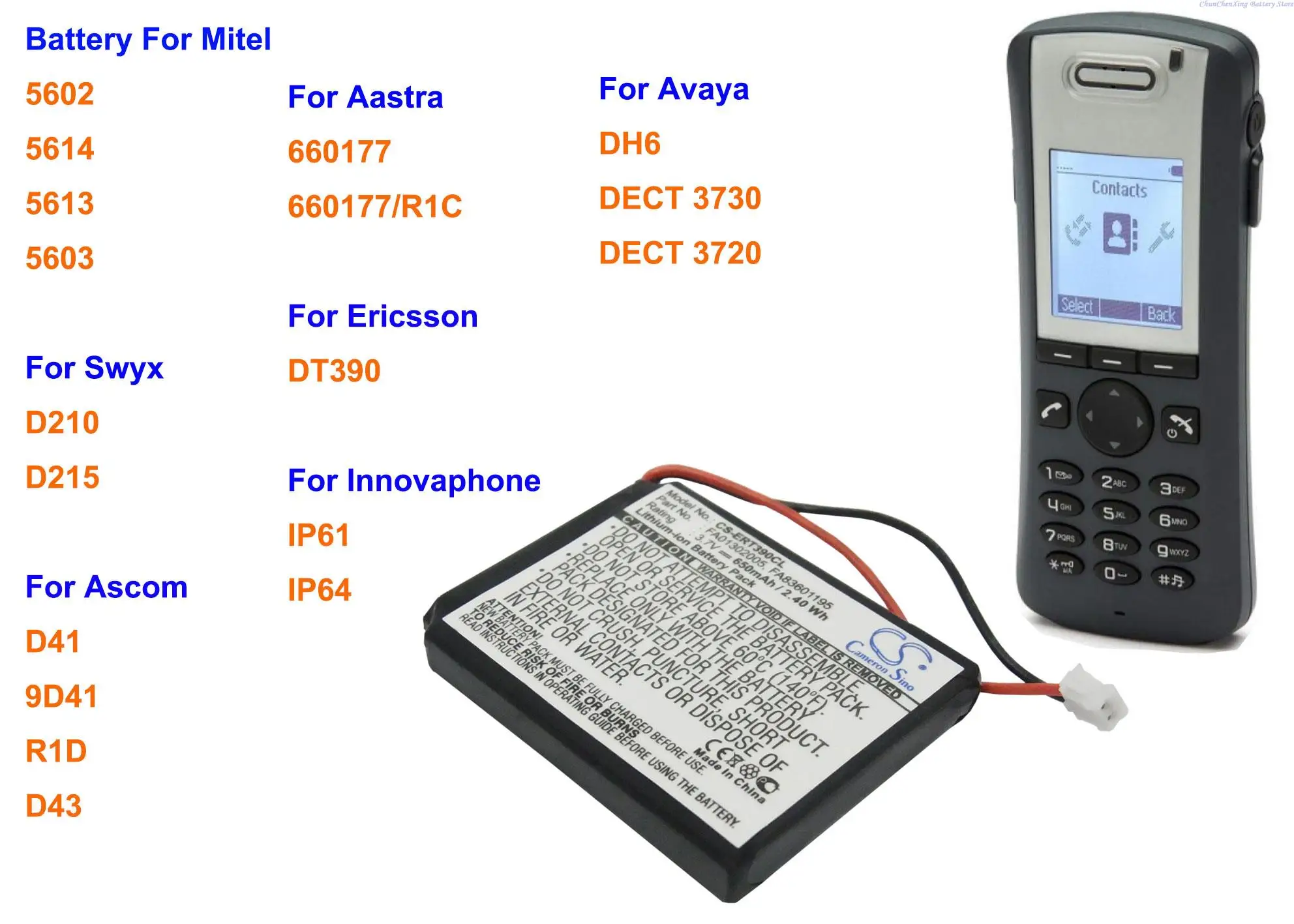 Battery for Aastra 660177,For Ascom 9D41,D41,D43,R1D,For Avaya 3720,For ERICSSON DT390, For Innovaphone IP61, For Swyx D210,D215
Battery for Aastra 660177,For Ascom 9D41,D41,D43,R1D,For Avaya 3720,For ERICSSON DT390, For Innovaphone IP61, For Swyx D210,D215