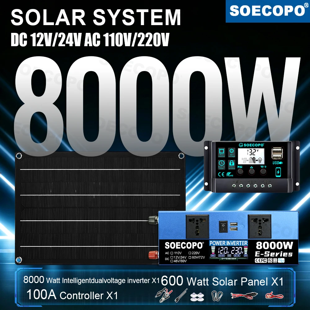 Camping accessories 8000W Photovoltaic System 110V/220V Inverter 600W Panel 100A Controller Off-grid Power for farm cabin travel
Camping accessories 8000W Photovoltaic System 110V/220V Inverter 600W Panel 100A Controller Off-grid Power for farm cabin travel