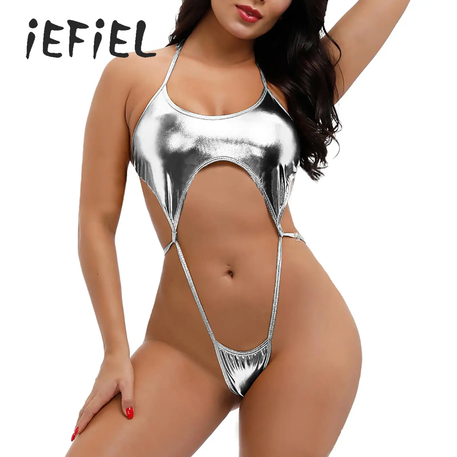 Women Shiny Metallic Monokini Swimwear Sexy One Piece Halter Micro Thong Bikini Backless Lace-up Swimsuit Bathing Suit Beachwear 
Women Shiny Metallic Monokini Swimwear Sexy One Piece Halter Micro Thong Bikini Backless Lace-up Swimsuit Bathing Suit Beachwear
