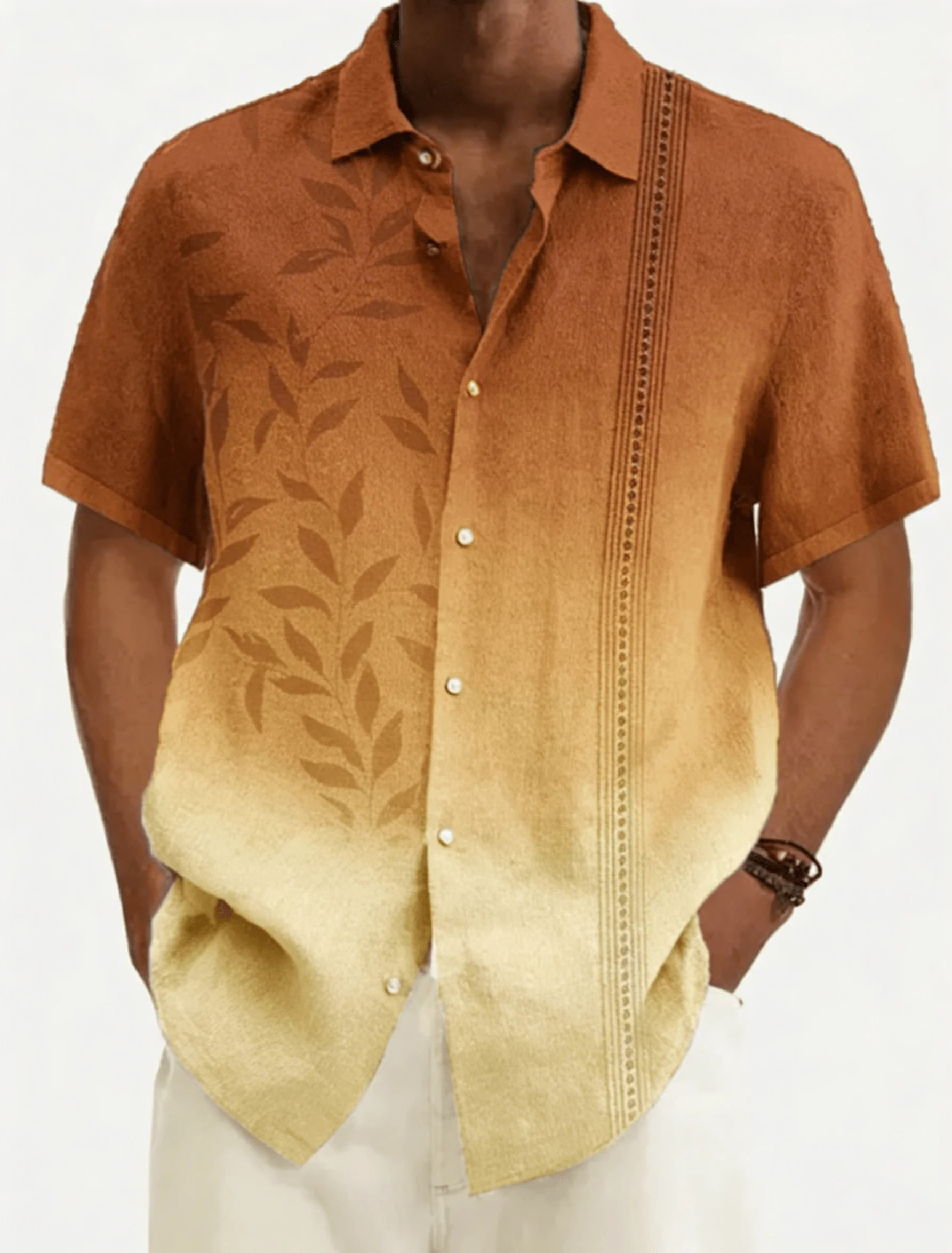 Men's Gradient Beige Leaf Print Short Sleeve Shirt, Casual Button Down for Spring Summer, Stylish Embroidery Trimmed Top
Men's Gradient Beige Leaf Print Short Sleeve Shirt, Casual Button Down for Spring Summer, Stylish Embroidery Trimmed Top